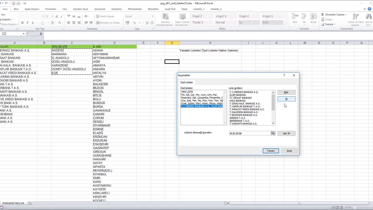 Excel Özel Listeler Tanımlama
