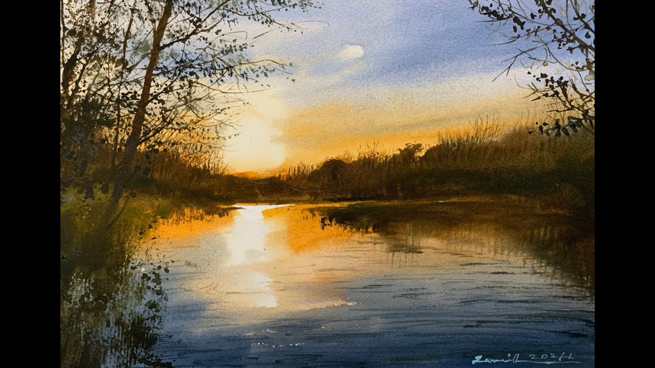 Easy Watercolor Sunset Scene Tutorial - Step By Step