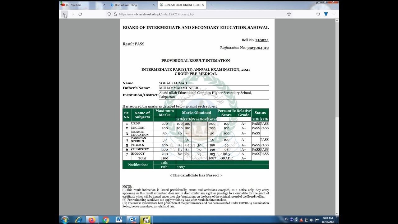 2021 result of students 2nd year bise sahiwal