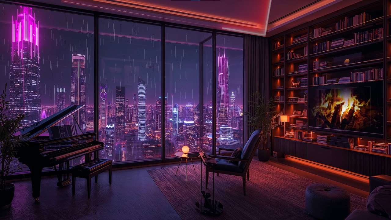 3AM Rainy Library Room 🌙 Lofi Piano Ambience for Deep Sleep (4K)