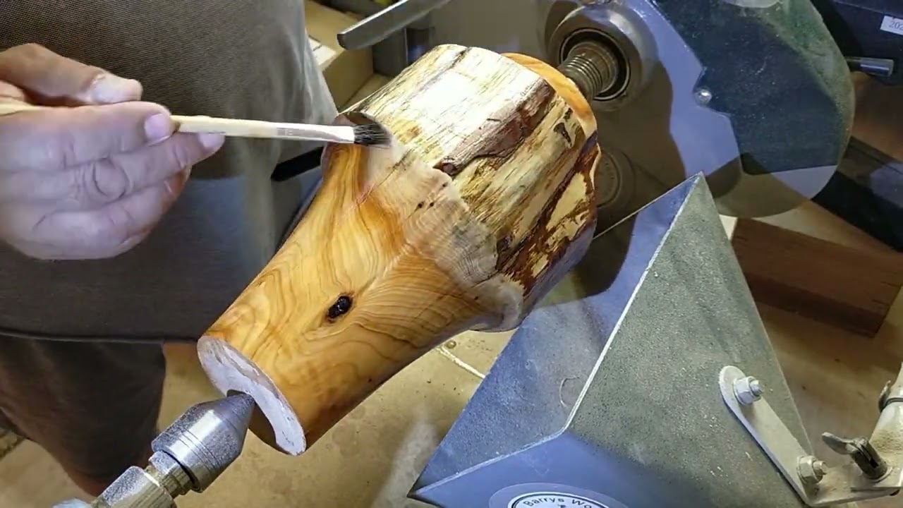 Table lamp turned from a yew log.