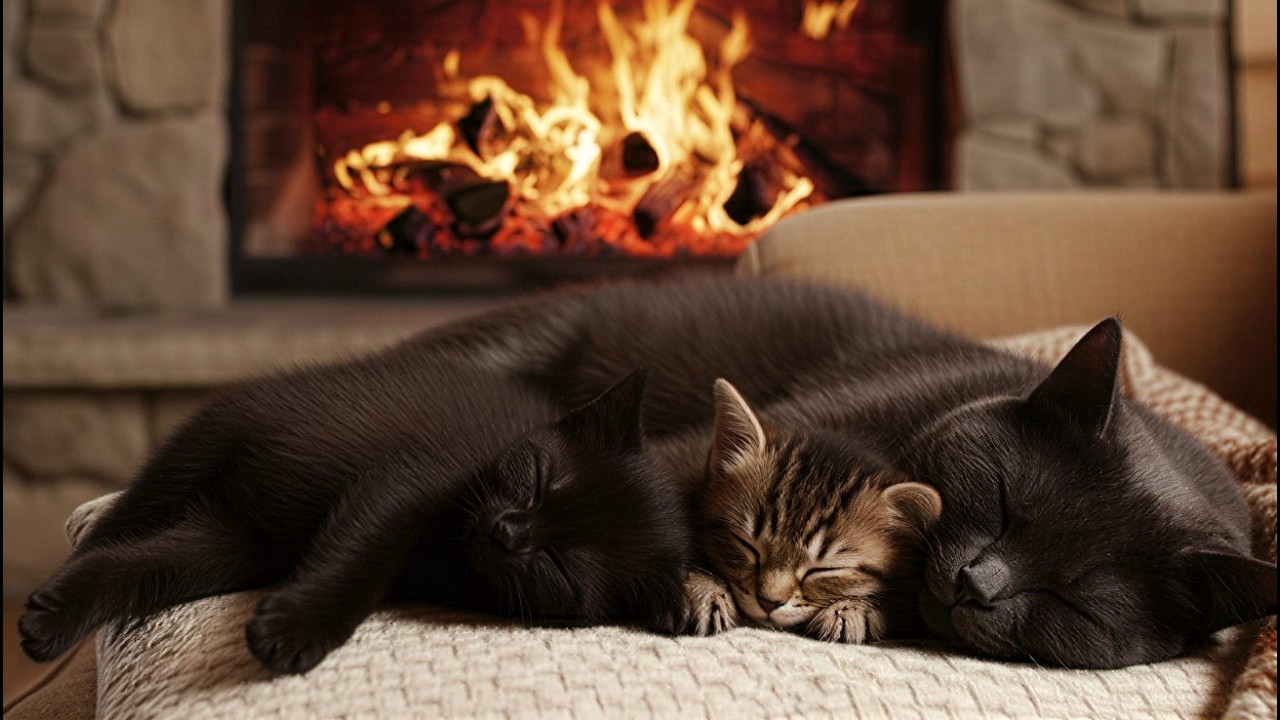 Cozy Fireplace Cat Family | Purring, Crackling Fire 9 Hours [Deep Sleep · Relax · Calm]