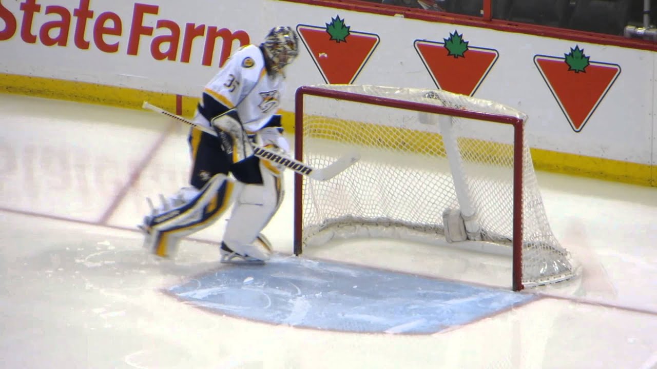 Pekka Rinne warms up at the Predators @ Senators hockey game