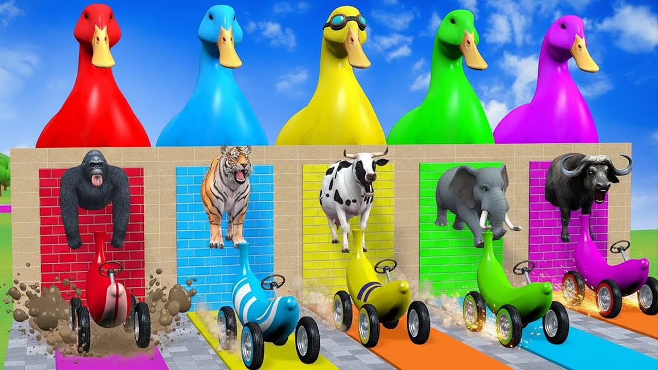Long Slide Game With Cow Elephant Gorilla Hippopotamus Tiger - 3d Animal Game - Funny 3d Animals