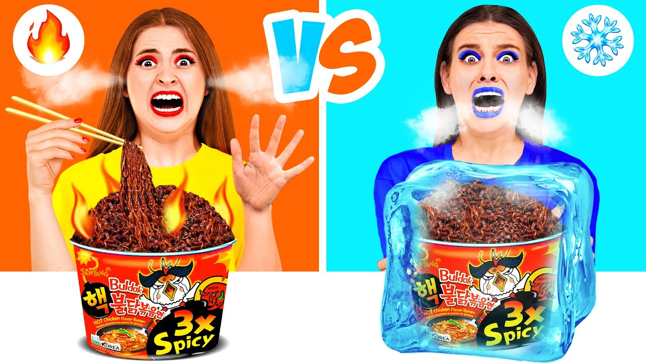 การท้าทายกินอาหารร้อน vs เย็น | แฮ็กรทำอาหารที่น่าทึ่ง Happy Funny