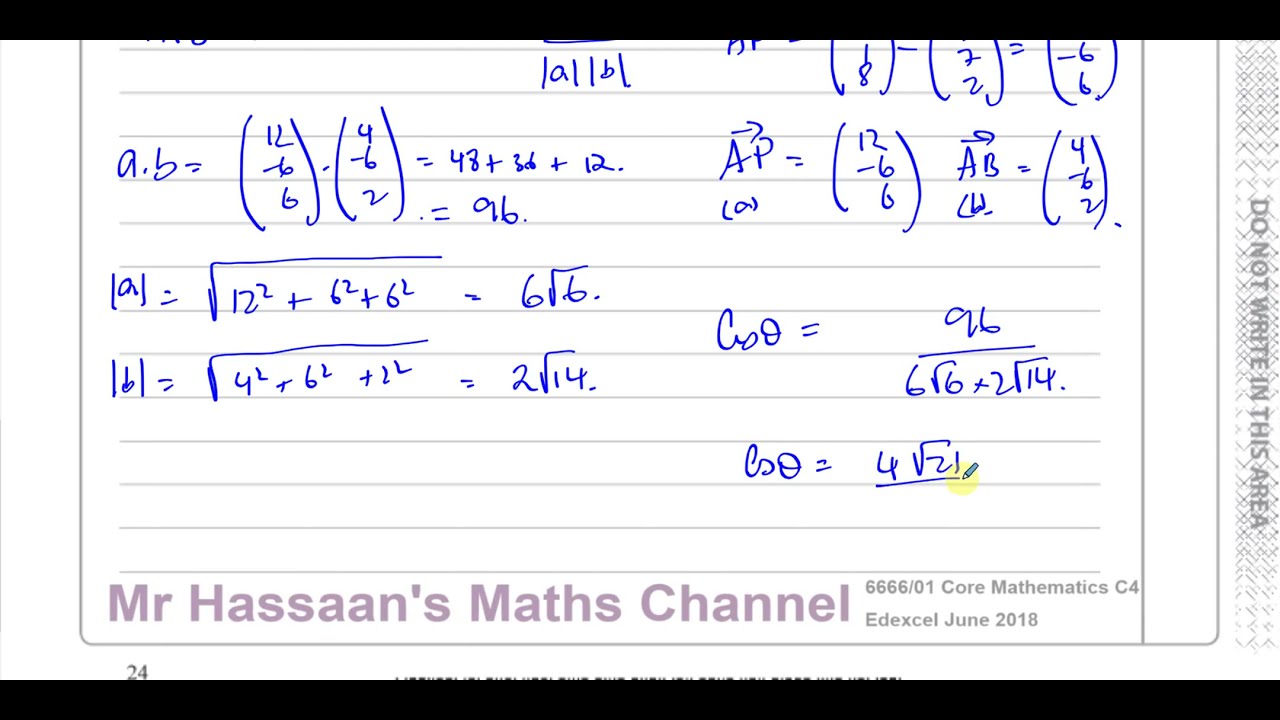 6666/01 Edexcel C4  (GCE) June 2018 Q7 a-d Vectors - Equations of Lines - Angles b/w Vectors