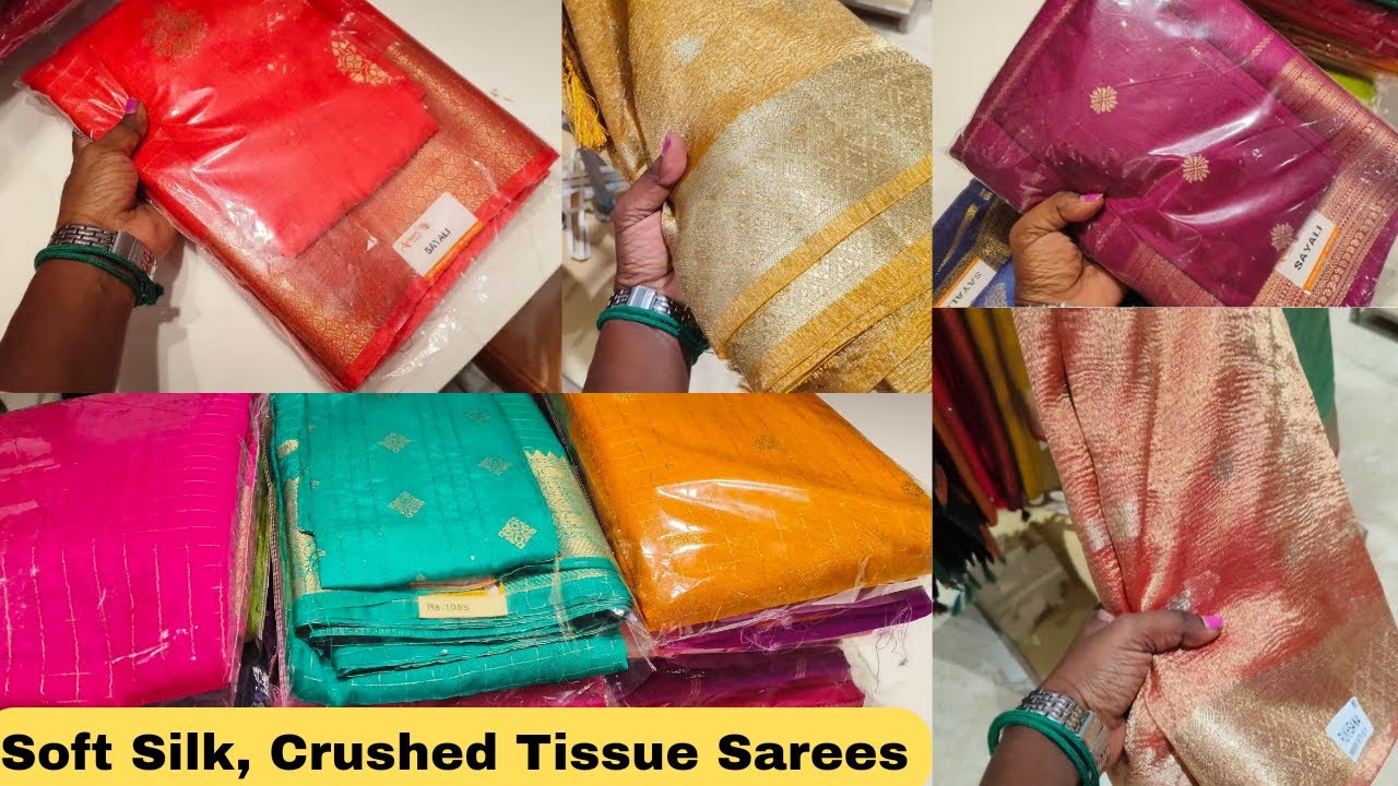 Diwali Special Soft Silk sarees, Crushed Tissue Sarees #shopping #pothyscombosarees #shoppingvlog