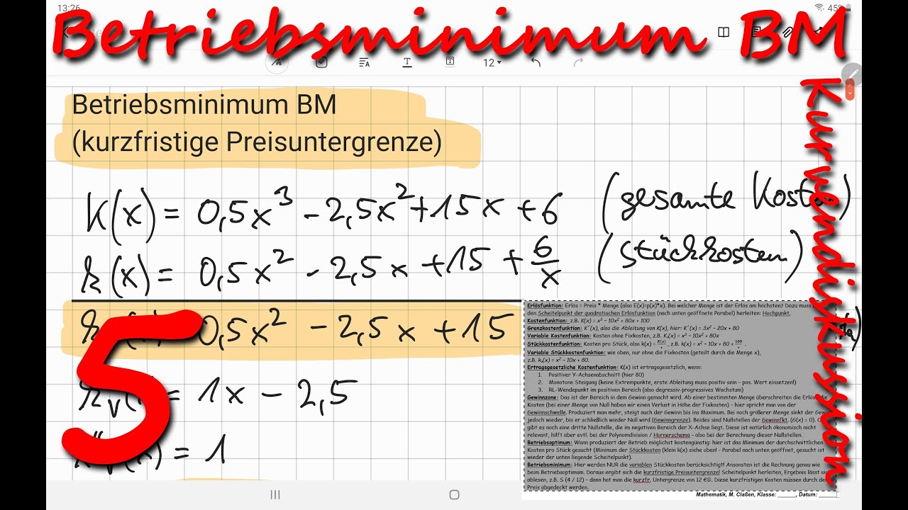 Betriebsminimum BM / kurzfristige Preisuntergrenze - Kurvendiskussion Ökonomisch Teil 5