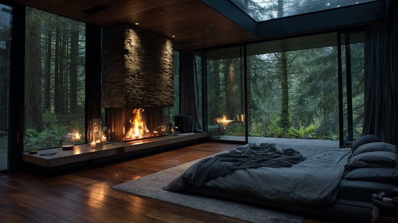 Forest Glass Cabin Ambience | Fireplace Warmth, Deep Woods Night & Calm Sleep Soundscape