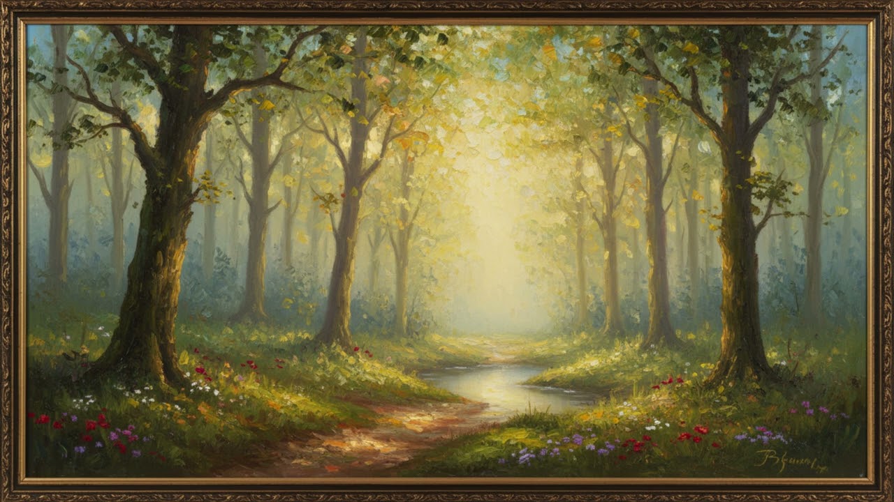 Morning Forest Light | Framed Oil Painting Nature Art 4K (1 Hour Relaxing Background)
