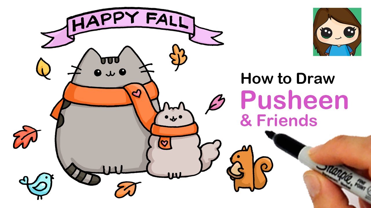 How to Draw Happy Fall Art 🍁 Pusheen and Friends Easy