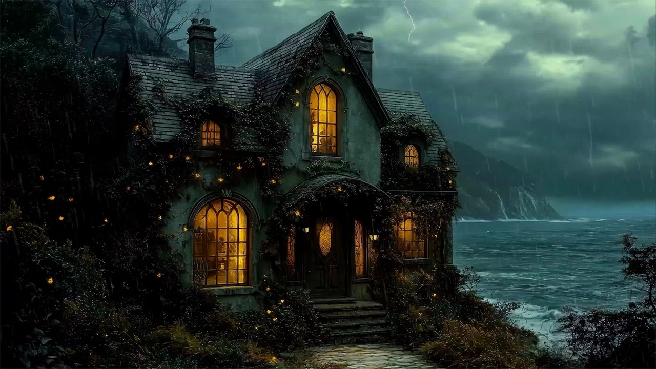 Foggy Cliffside Cottage Beneath Thunder Skies | Melancholic Piano for Study & Focus | Dark Academia