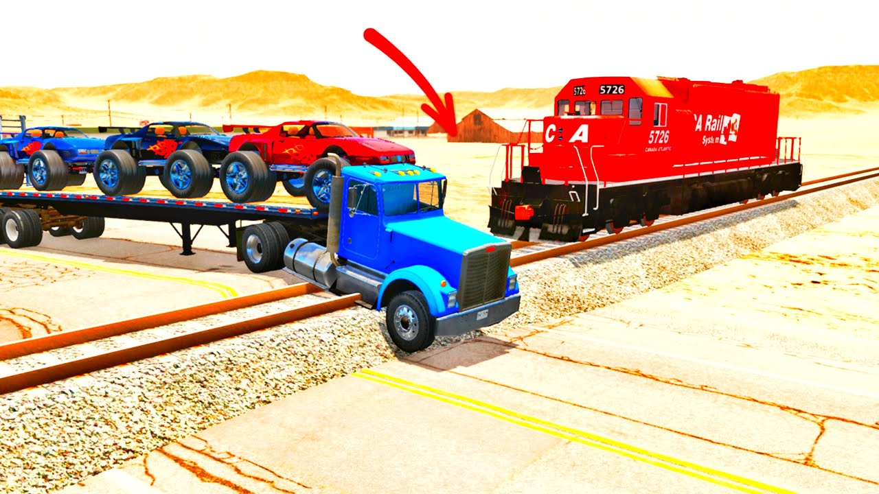 Big Cars Transportation with Trucks on Flatbed Trailer - Double Speed Bumps car vs rails- BeamNG