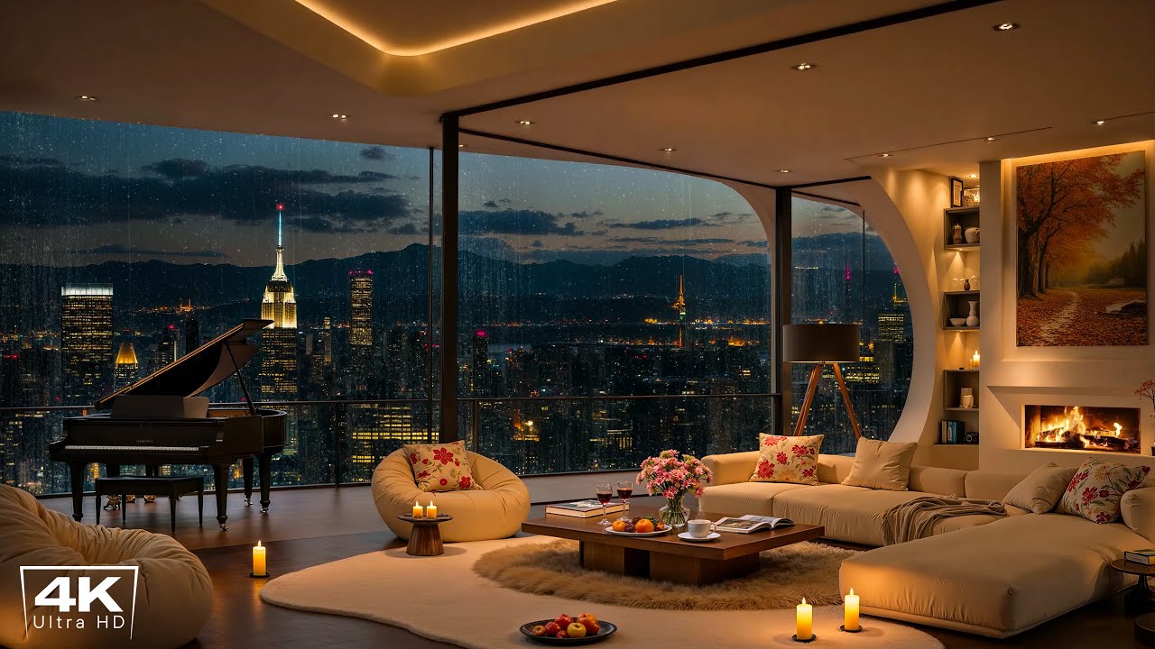 New York City Jazz Nights 🌃 Cozy Luxury Apartment with Smooth Piano Jazz, Rain & Fireplace Sounds