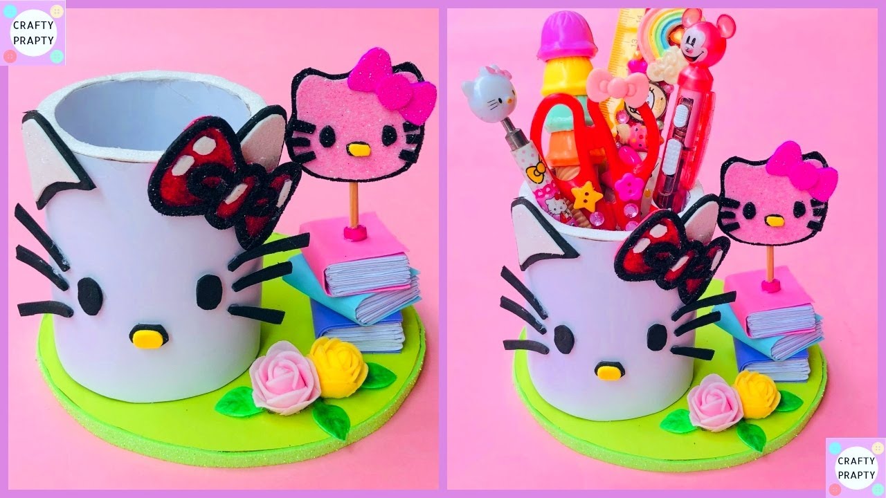 DIY HELLO KITTY DESK ORGNIER /How to make Hello Kitty Pen Holder | Stationary Organizer