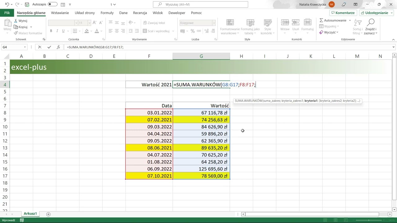 1. MS EXCEL SUMA.WARUNK&Oacute;W z datami
