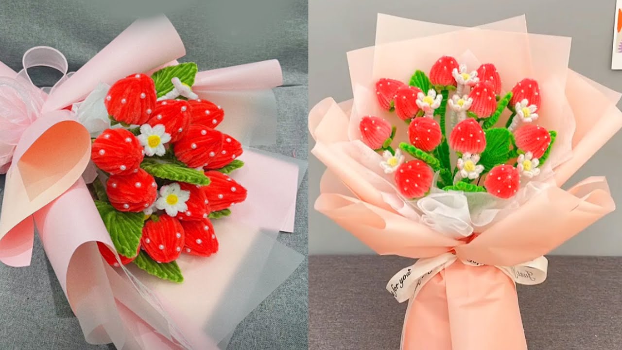 DIY Pipe Cleaner Strawberry Bouquet 💐 Flower Bouquet making at Home -  Gift ideas - Pipe Cleaner Art