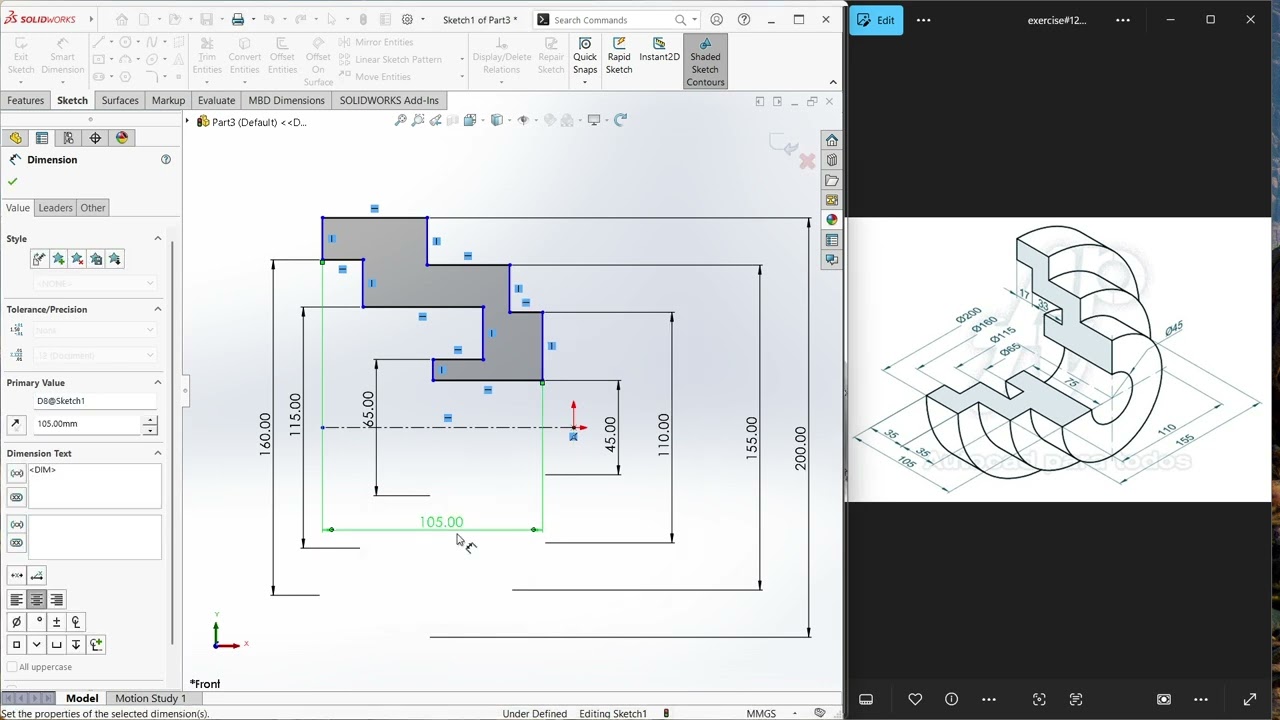 exercise12 การใช้คำสั่ง Revolved Boss/Cut การให้ขนาดแบบ Diameter #solidworks