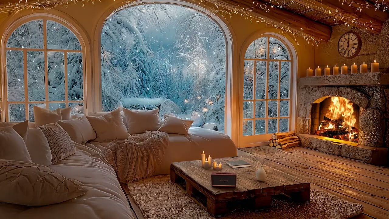 Tranquil Winter Ambience 🎼 Instrumental Piano & Snowfall with Cozy Fireplace for Relaxation