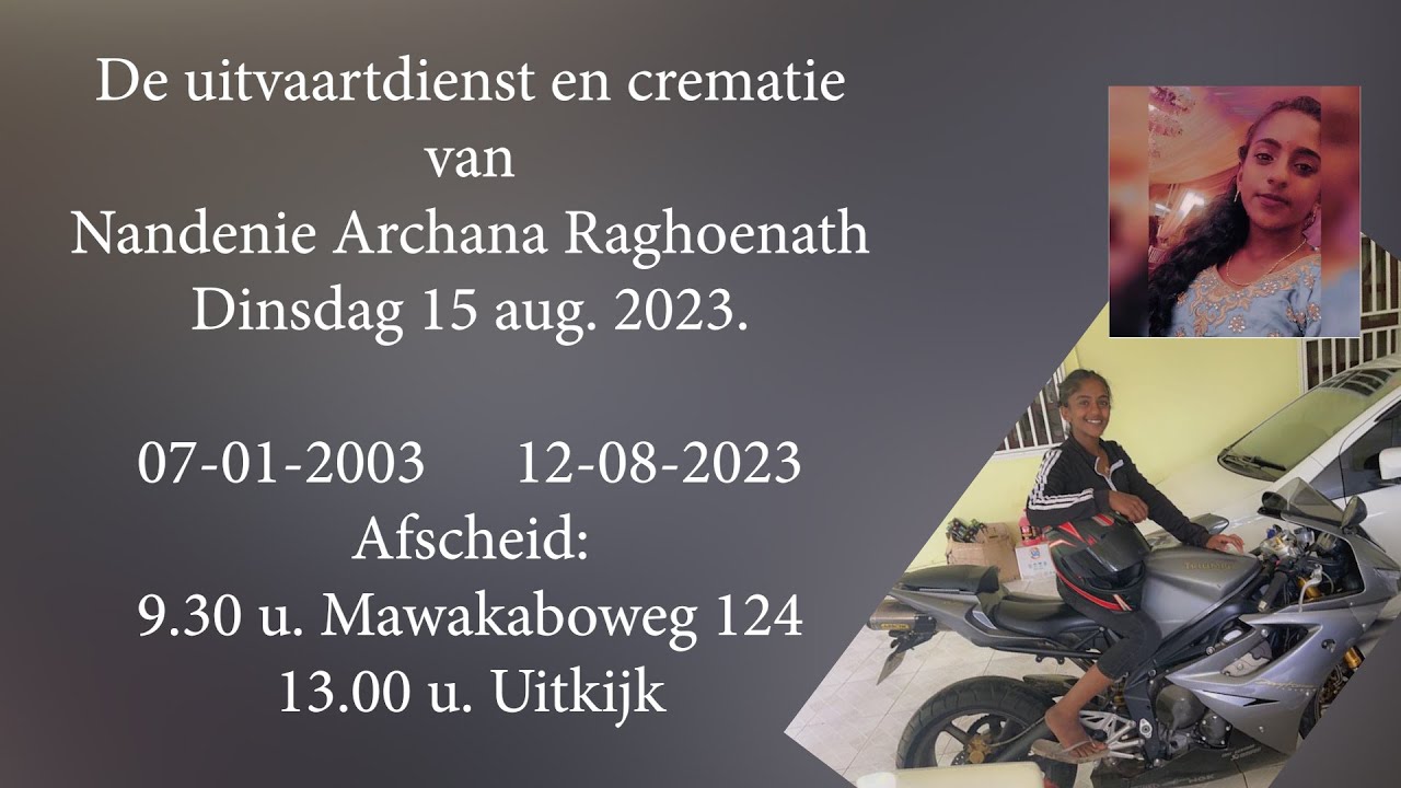 De uitvaartdienst en crematie van Nandenie Archana Raghoenath. Dinsdag 15 aug. 2023.