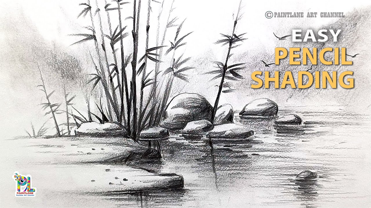 How to draw Easy Pencil Shading Tutorial | Bamboo & Rocks Landscape Drawing for Beginners