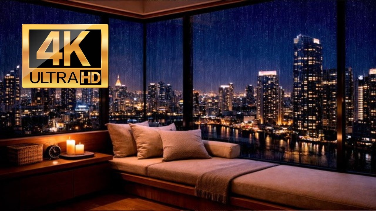 10 Hours - NYC Night Skyline View 🌙 Dreamy Heavy Rain for Romance & Stress Relief - NO ADS #relax