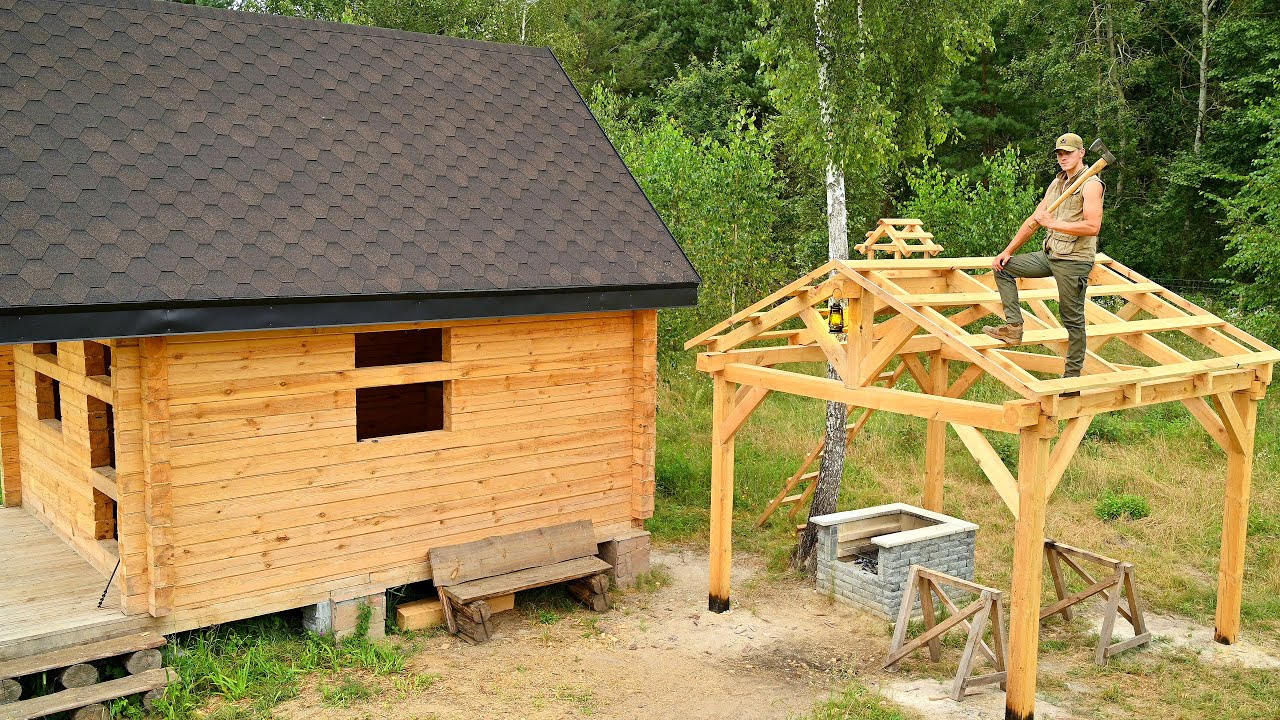 Building a Timber Frame Outdoor Forest Kitchen, Addition to my LOG CABIN, Fishing | Off Grid Living