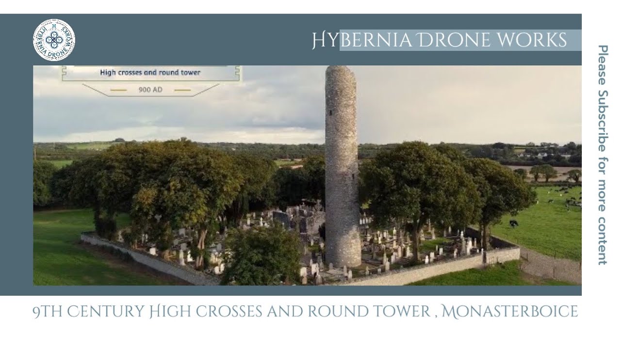 9th Century carved stone crosses, sundial, and round tower of Monasterboice.