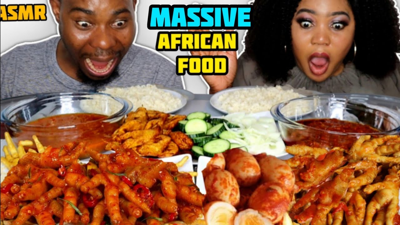ASMR MASSIVE EATING | SPEED EATING CHICKEN FEET, EGGS, PLANTAIN, SALAD, RICE & CHICKEN |AFRICAN FOOD