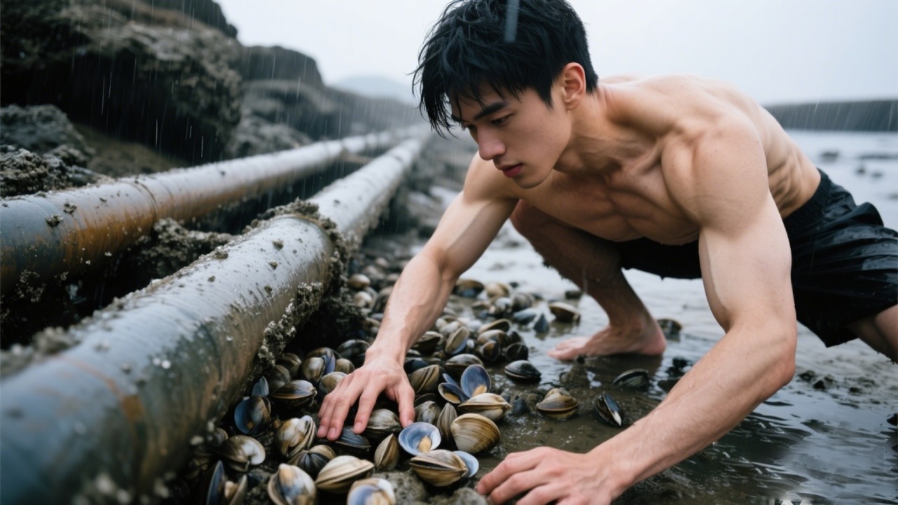 寒风夹雨去赶海，发现管道下全是蛤蜊，直接用手掏太过瘾了【渔岛阿聪】