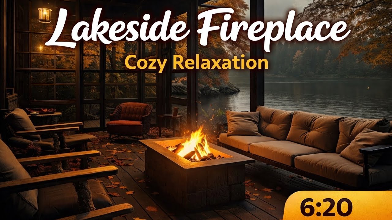 6 Hours 20 Minutes Fireplace, Lake & Wind Ambience | 4K Ultra HD | Relax & Unwind
