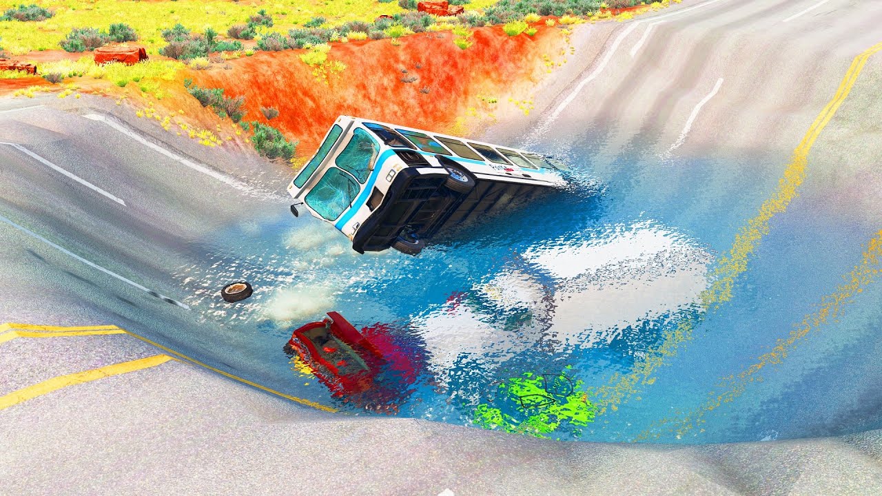 Cars vs Huge Water Potholes - BeamNG Drive