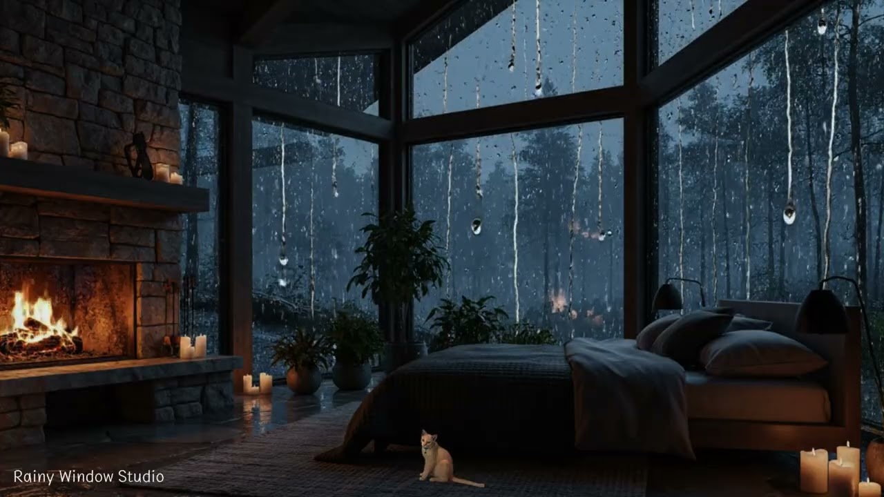 Rain at Night Outside the Window 🌧️ Cozy Fireplace Sounds for Deep Sleep
