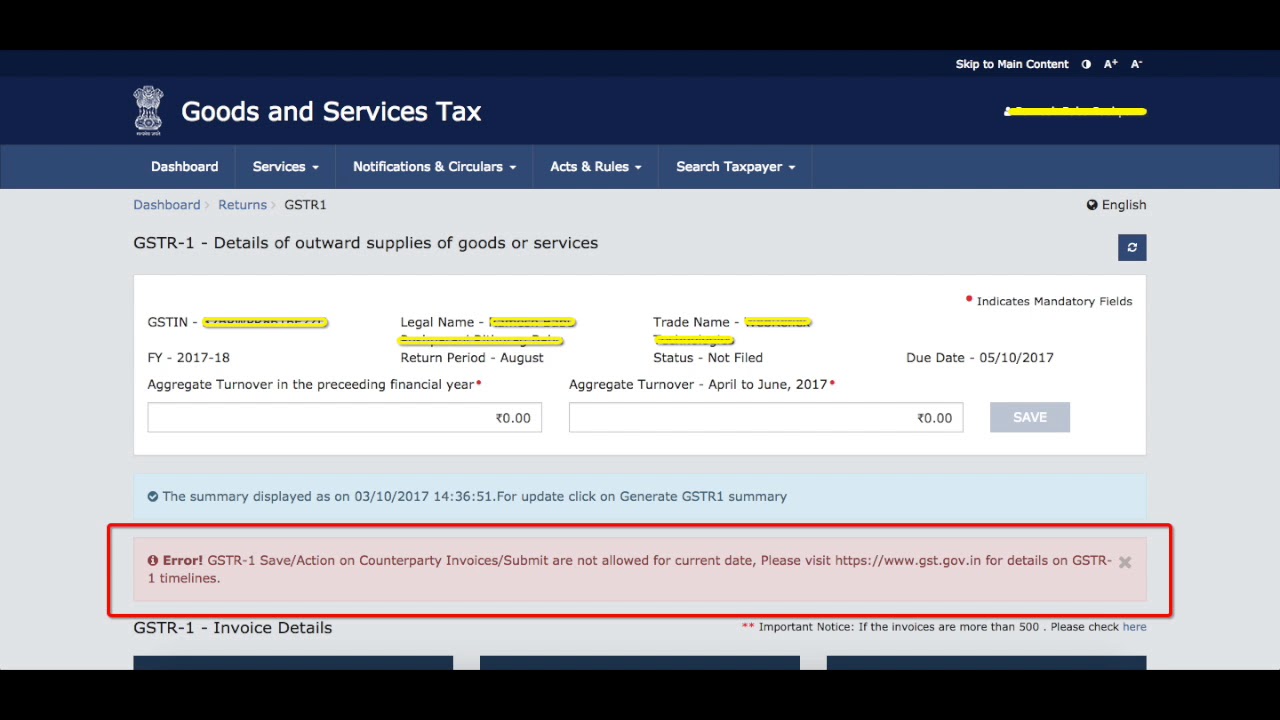 GSTR-1 ERROR: Save, Action on Counterparty Invoices, Submit are not allowed for current date