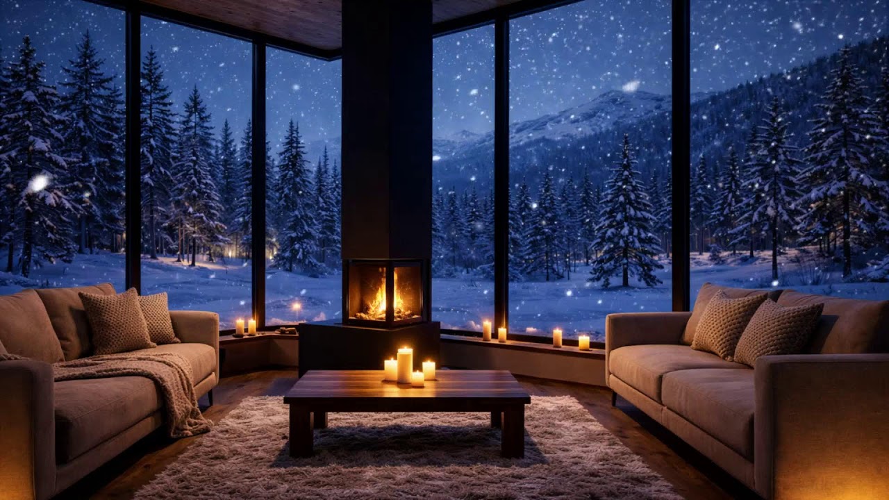 LIVE Snowfall Night Ambience  Cozy Fireplace for Calm & Relaxation