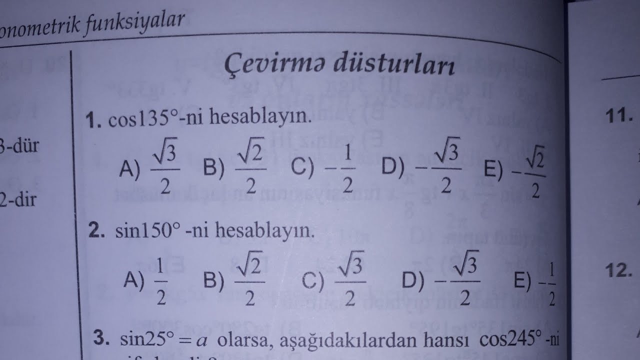 Çevirmə düsturları test toplusu. 31-63. Triqonometrik funksiyalar