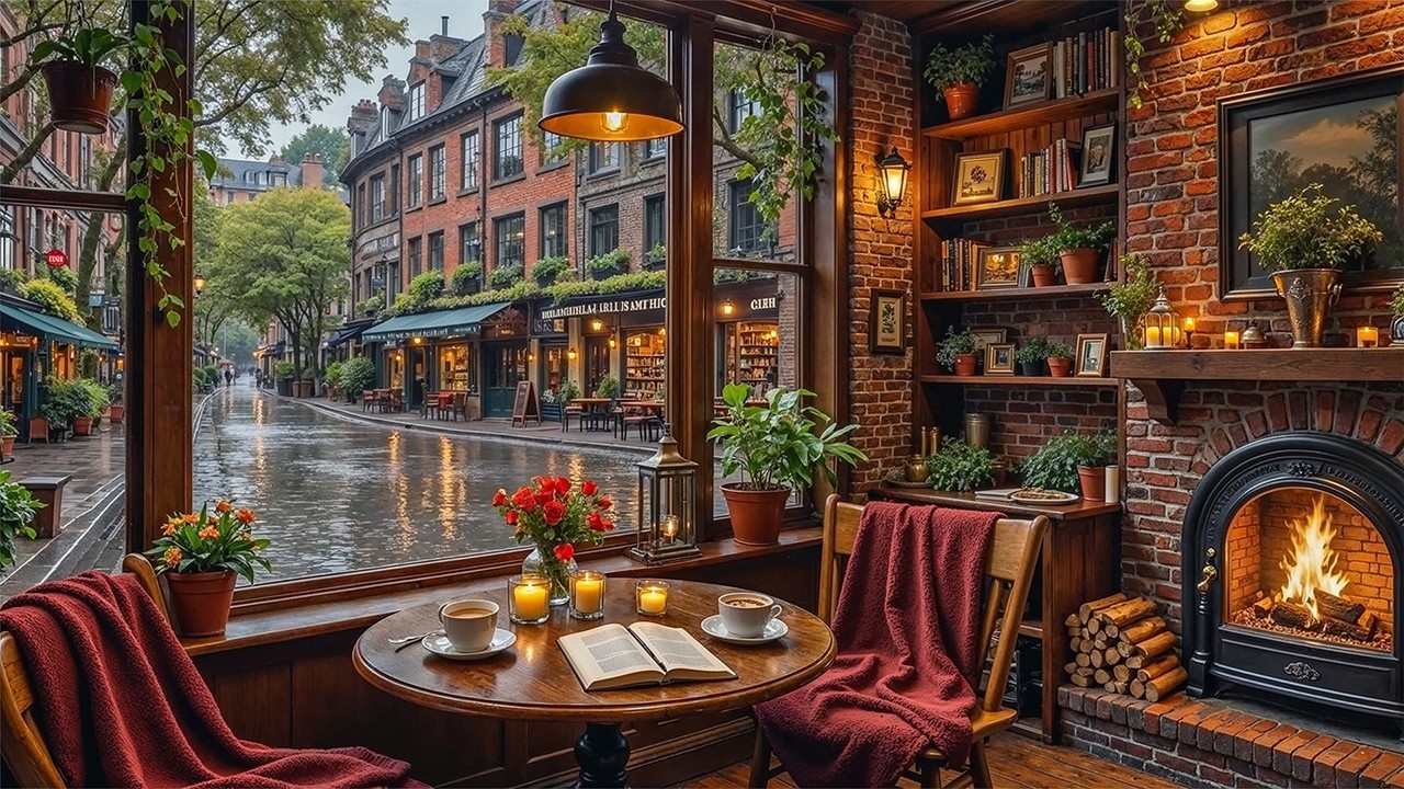 Calm Rain Coffee Shop by the Fireplace ☕ Gentle Jazz Music & Crackling Fireplace for Study, Work