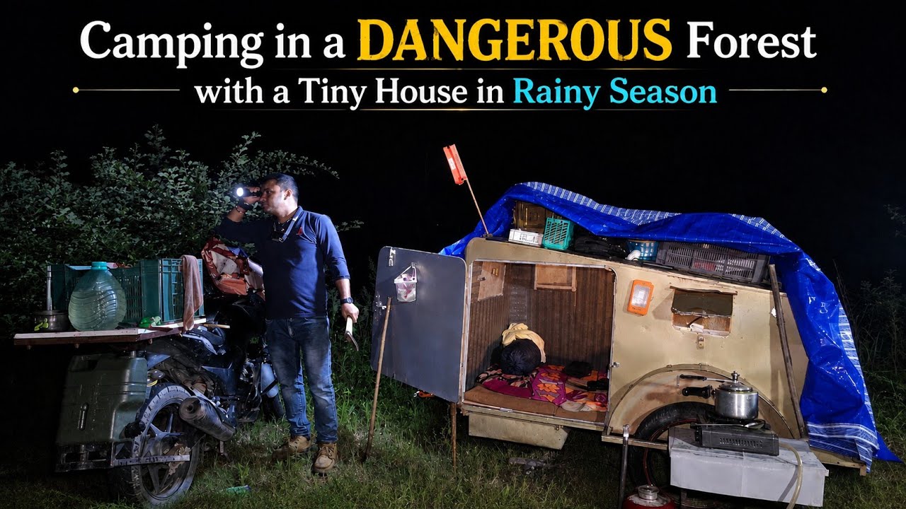 Camping in a DANGEROUS Forest with a Tiny House in Rainy Season!