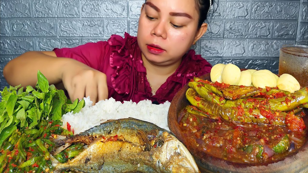 menu desa ikan asin, tumis genjer, belacan sambal,terong balado,sambal terasi, jangkol muda mukbang
