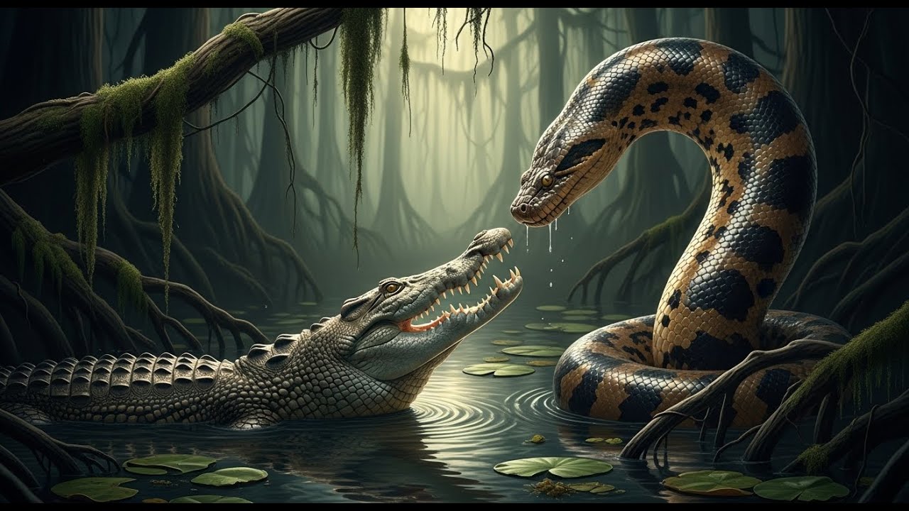 Giant Crocodile vs Giant Anaconda : A Deadly Battle in the Amazon Swamp