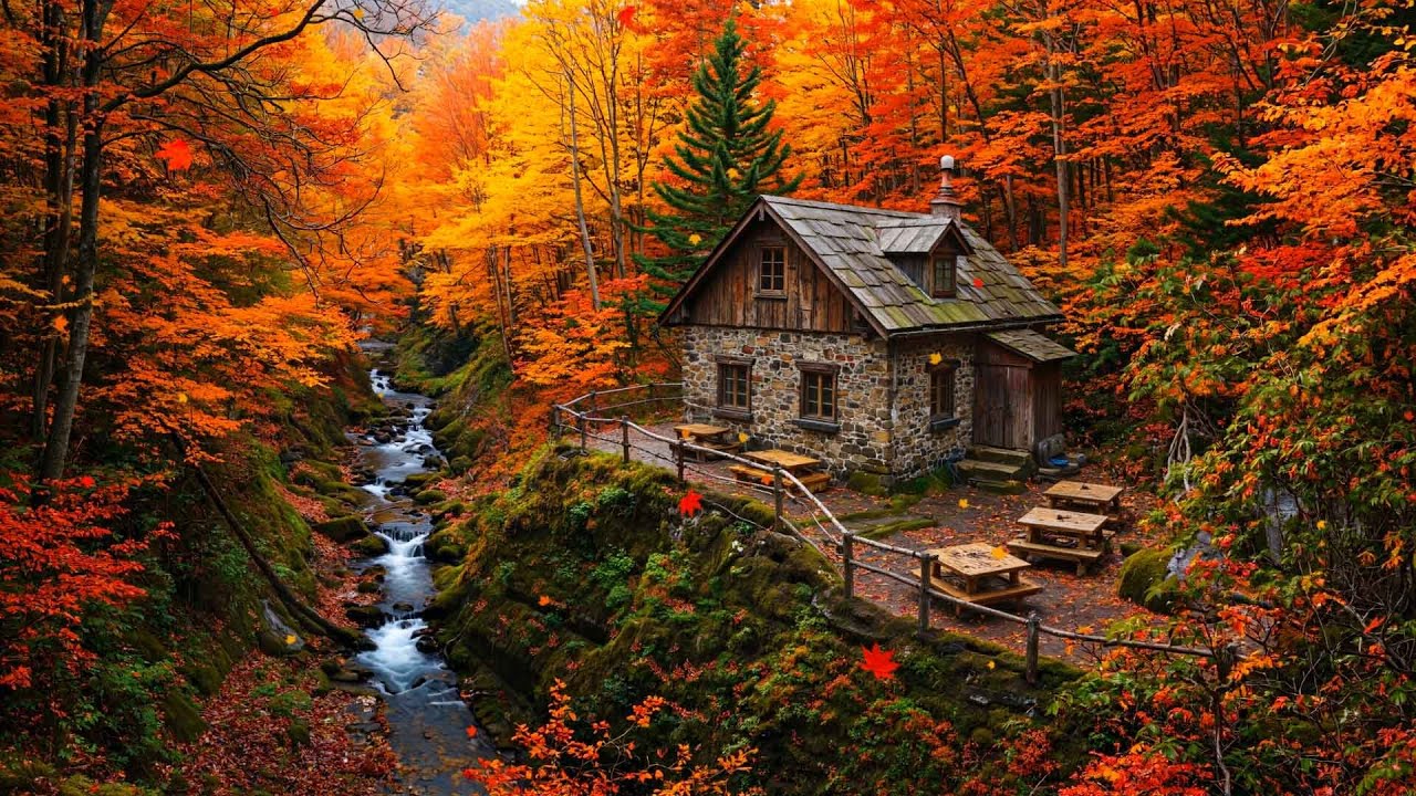 Autumn Cabin Jazz 🍂 Cozy Smooth Jazz in the Forest by the Stream