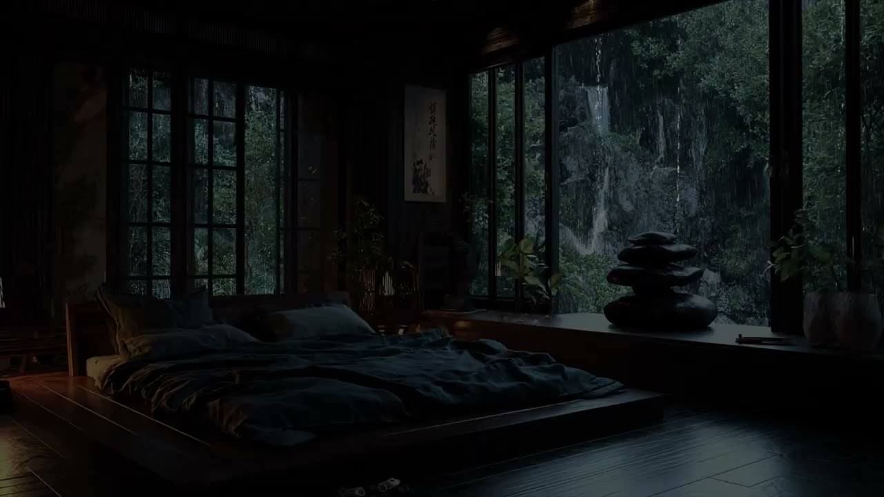 A quiet futon room listens to rain ☔ while moss and stone paths darken outside slowly