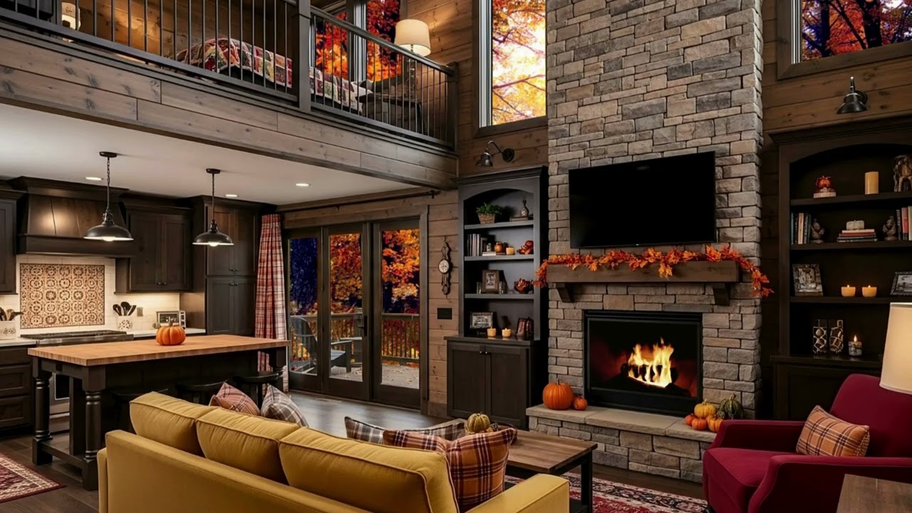 Cozy Fall Ambience in a Rustic Tiny Cabin with Crackling Fireplace #cozycabinambience #fireplaceasmr