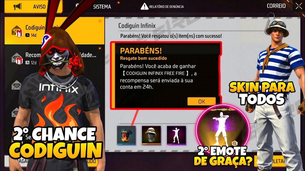 AI SIM!! 2° CHANCE, CODIGUIN DA INFINIX, SKIN PARA TODOS E 2° EMOTE GRÁTIS NO FREE FIRE