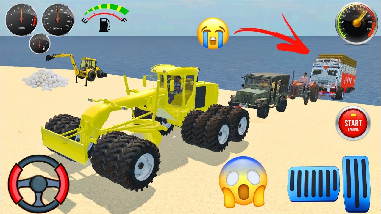 Powerful 😎Grader-Crane🔥, ,And Old Tractor 🚜 Commeder-jeep Rescue ||Truck Stuck in Water 💦|| Game 🎮