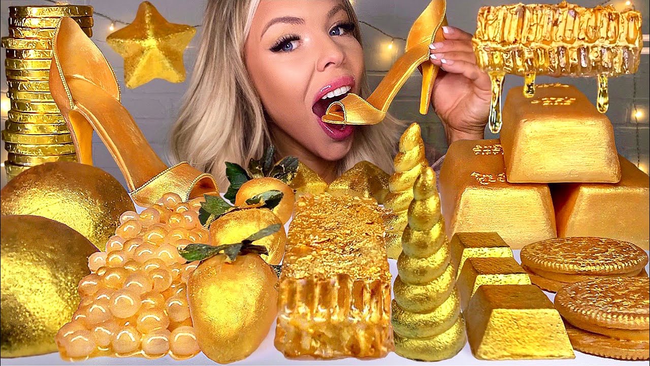 ASMR EDIBLE GOLD BARS, 24 KARAT GOLD HONEYCOMB, EDIBLE STILETTO, UNICORN HORN, JELLY MUKBANG 먹방