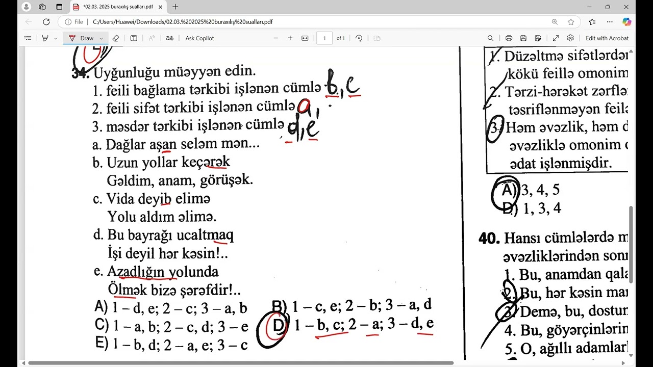 2 mart buraxılış imtahanı Azərbaycan dili sualları (qrammatika)