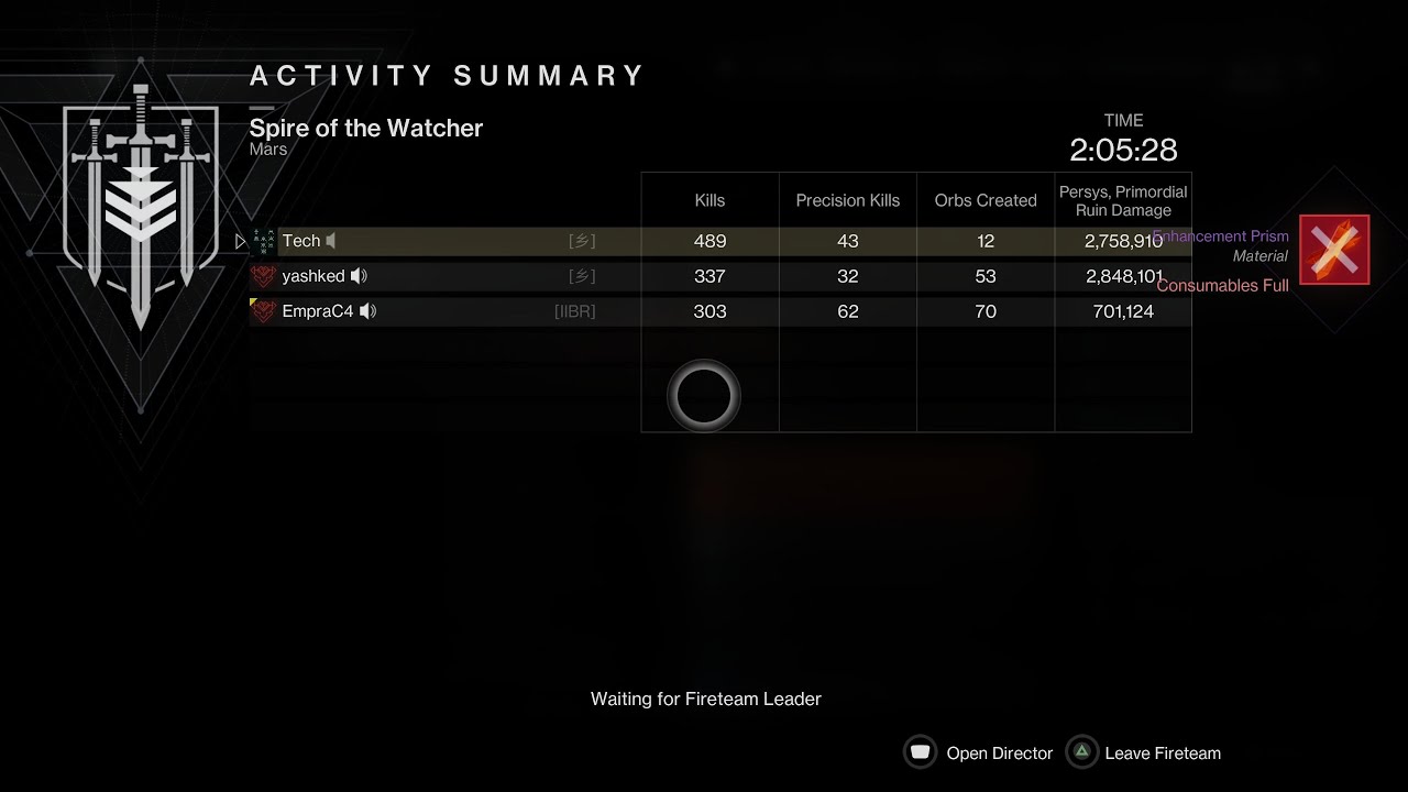 Master Spire Of The Watcher Day-1 Persys Kill- 22 Power Under - Console - No Comms