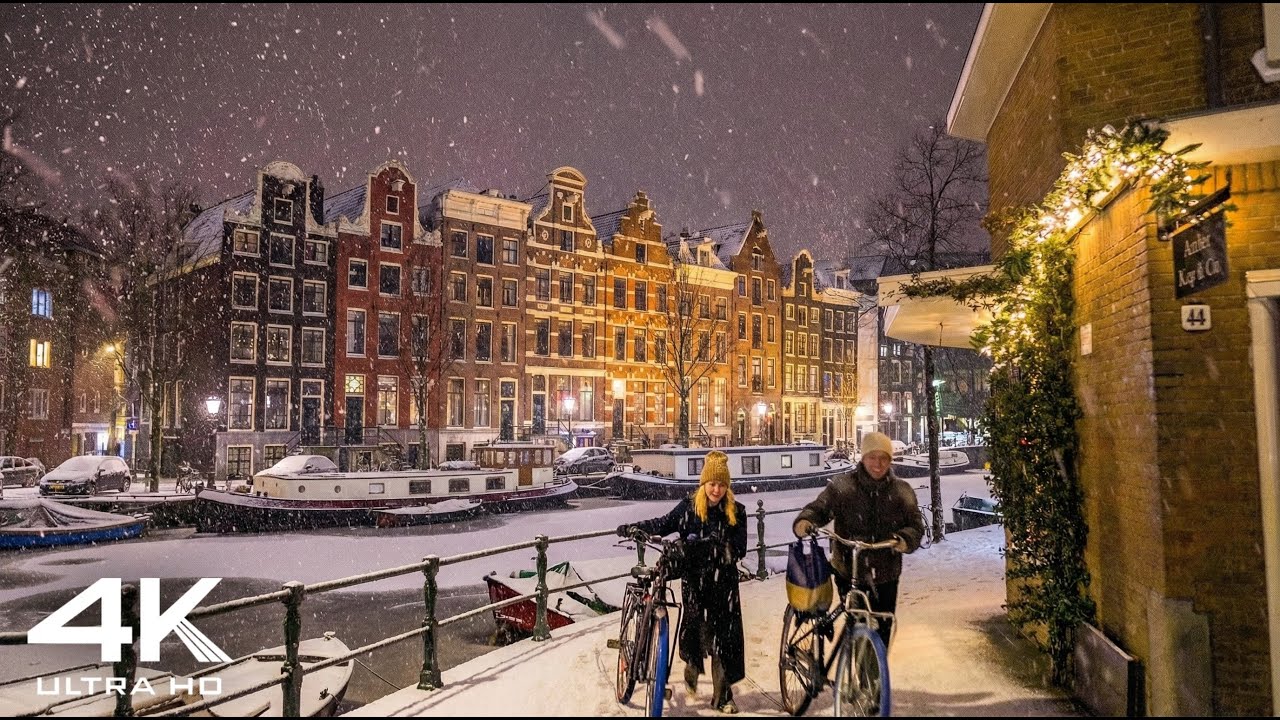 Amsterdam Snow Storm at Night Walk 4K HDR ❄️