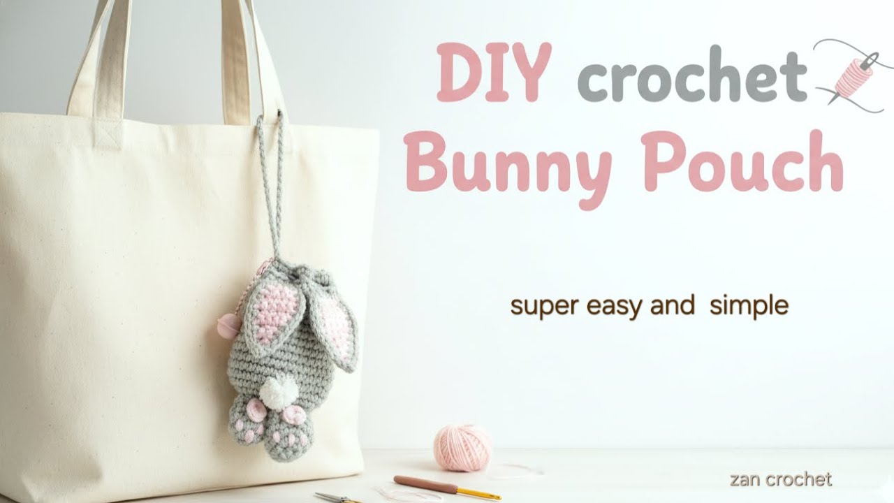 Crochet Bunny Drawstring Pouch Tutorial, Cara membuat Rajutan Pouch Kelinci